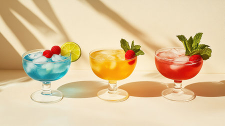 Four refreshing drinks in glasses blue lagoon with raspberries and lemon, margarita with lime, strawberry daiquiri with fresh strawberries, and iced tea with mint, styled for summer vibes.の素材
