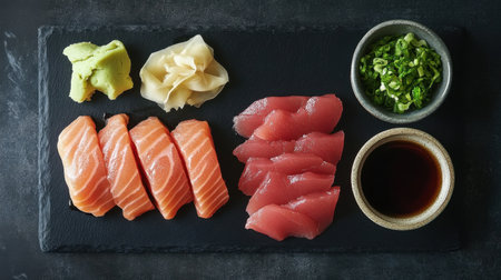Close-up of salmon and tuna nigiri on a black slate board, accompanied by wasabi, ginger, and a small bowl of soy sauce.の素材