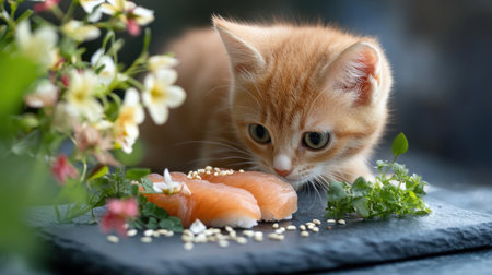Sushi platter featuring eel nigiri and spicy tuna rolls, beautifully styled with sesame seeds and fresh greens on a slate board.の素材