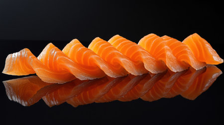 Freshly sliced salmon sashimi with vibrant orange hues, displayed on a sleek black background for a premium aesthetic.の素材