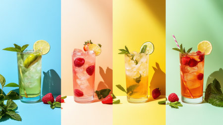 Four refreshing cocktails blue lagoon with raspberries and lemon, margarita with lime, strawberry daiquiri with strawberries, and iced tea with mint, captured on a summer-inspired background.の素材