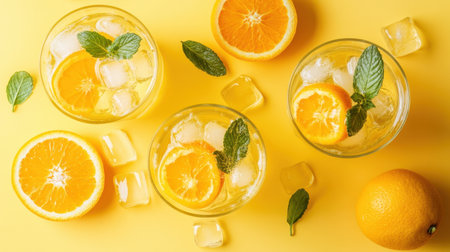 Fresh homemade orange lemonade served in glasses with ice cubes and orange garnishes, against a soft yellow background.の素材
