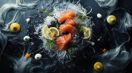 Salmon sashimi on a dark textured surface, surrounded by elegant garnishes like shredded daikon, wasabi, and lemon slices.の素材
