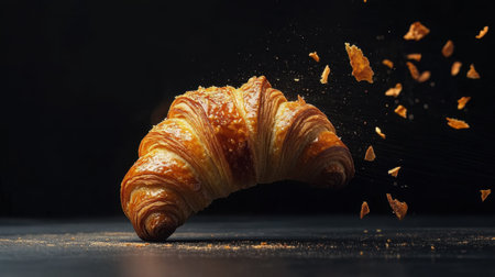 A golden flaky croissant captured mid-fall, showcasing its delicate layers and crisp texture, perfect for food photography and culinary art.の素材