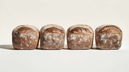 This image showcases four freshly baked loaves of bread with a rustic crust, highlighting the warmth and delicious texture, perfect for culinary and lifestyle themes.の素材