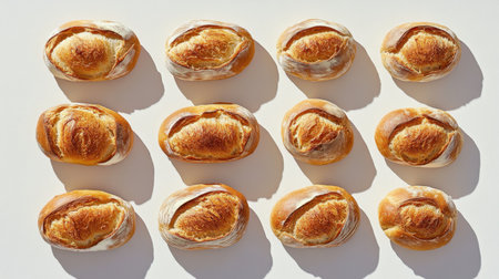 Discover a vibrant arrangement of freshly baked bread loaves, showcasing their golden crust and inviting texture, perfect for enhancing culinary visuals.の素材