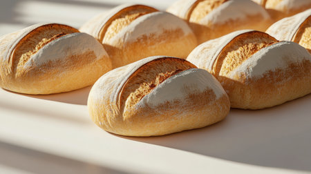 A beautiful arrangement of freshly baked bread loaves on a white surface, offering a warm and inviting aesthetic perfect for food-related themes and recipes.の素材
