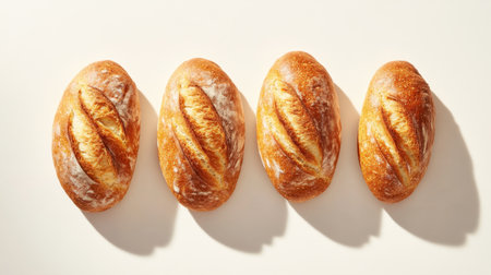 This image features four freshly baked bread loaves with a golden crust, arranged beautifully on a light background, perfect for culinary and food-related themes.の素材