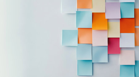 A vibrant collection of colorful sticky notes arranged on a light surface. Ideal for inspiring creativity, organization, or effective communication in any workspace.の素材