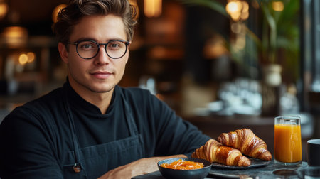 A stylish breakfast setup featuring fresh croissants, flavorful jam, and orange juice, showcasing a chef ready to serve a delicious morning meal.の素材