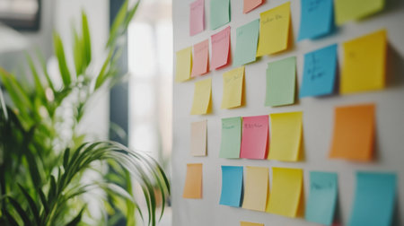 A vibrant display of colorful sticky notes on a wall, complementing a green plant nearby. This image captures the essence of creativity and organization in a workspace.の素材