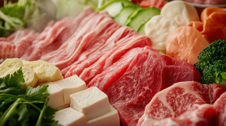 A vibrant display of fresh ingredients ready for a delightful hotpot meal. The assortment includes tender meats, colorful vegetables, and smooth tofu, perfect for sharing with friends and family.の素材