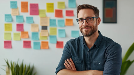 A creative individual stands confidently in front of a wall filled with colorful sticky notes, showcasing an organized workspace that stimulates ideas and collaboration.の素材