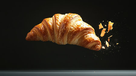 A stunning image of a delicious croissant midair, breaking into golden crumbs, showcasing its flaky texture and inviting layers. Perfect for culinary visuals.の素材