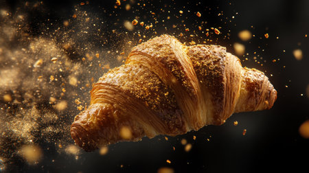 A dynamic image of a croissant in motion, capturing the crumbling texture and golden layers, ideal for food photography enthusiasts and culinary arts.の素材