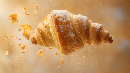 A stunning close-up of a croissant breaking apart mid flight, showcasing its flaky layers and texture. Perfect for food lovers and culinary art!の素材