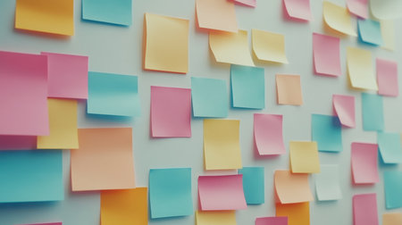 A vibrant display of multicolored sticky notes on a blank background, perfect for creative ideas, reminders, or organizational needs in a modern workspace.の素材