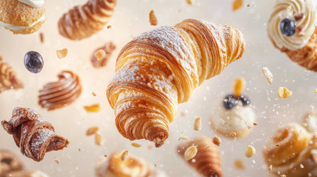 This captivating image showcases an assortment of sweet pastries and croissants, beautifully levitating and highlighting their flaky textures in a whimsical display.の素材