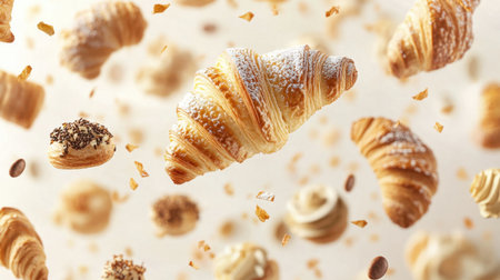 A captivating display of assorted sweet pastries, including croissants, floating gracefully in mid-air. Ideal for showcasing gourmet baking and dessert concepts.の素材
