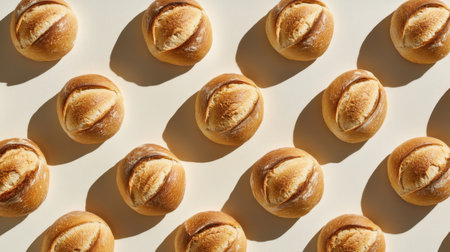 A stunning arrangement of freshly baked rustic bread loaves showcases their golden crusts and soft interiors, perfect for any culinary project or food display.の素材