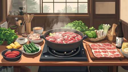 A cozy Japanese hotpot table set with a variety of fresh ingredients, perfect for a warm meal shared among family and friends in a rustic kitchen setting.の素材