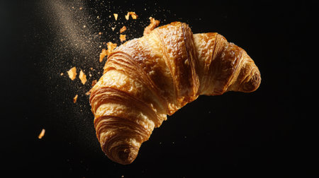 A beautifully captured golden croissant breaking apart mid air, showcasing its flaky texture and delicious layers. This image conveys warmth and indulgence perfect for any food-related project.の素材