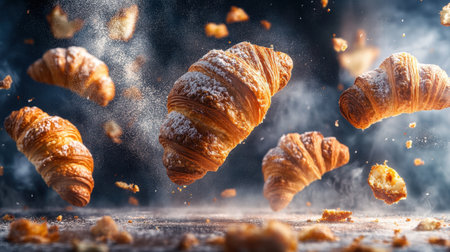 Experience the allure of sweet croissants in a dramatic floating display. This captivating image showcases golden pastries, evoking freshness and culinary delight.の素材
