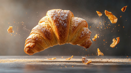 A stunning view of a croissant mid-flight, with flaky layers gracefully falling apart. Perfect for culinary art or food-related projects, this image showcases deliciousness and airy texture.の素材