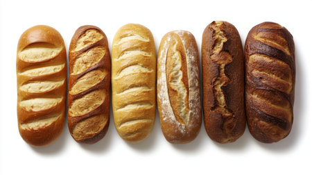 A visually appealing arrangement of freshly baked bread loaves showcasing various textures and colors, perfect for bakery or culinary presentations.の素材