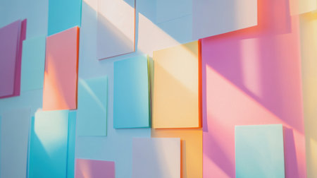 An arrangement of colorful blank sticky notes on a wall, featuring pastel hues and dynamic shadows, perfect for creative brainstorming or organization.の素材