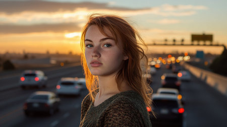 A captivating early morning scene featuring a woman on the freeway with vibrant traffic and a stunning sunset background, evoking a sense of journey and exploration.の素材
