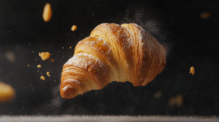 A stunning aerial capture of a golden French croissant gracefully falling, showcasing its flaky texture and delicious crumbs. Perfect for food enthusiasts.の素材