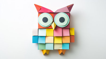 This vibrant paper owl features an artistic arrangement of colorful sticky notes, creating a playful and creative display perfect for inspiration and dの素材