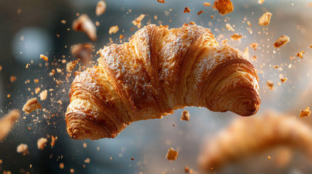This stunning image features a freshly baked croissant breaking apart, showcasing its crispy layers and flaky texture. Perfect for food-related content.の素材