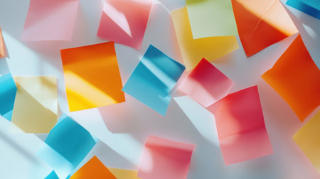 A vibrant assortment of colorful sticky notes scattered on a white surface, perfect for organizing thoughts, reminders, or creative brainstorming.の素材