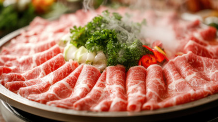 Experience the art of shabu shabu with fresh ingredients beautifully arranged for a delicious and savory hotpot meal. Perfect for sharing and enjoying!の素材
