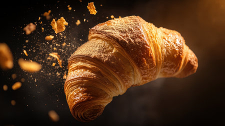A stunning image of a croissant gently falling in mid air, capturing its flaky texture and golden hue. Perfect for culinary and food-themed projects.の素材