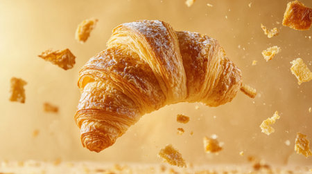 A beautifully captured crispy freshly baked croissant floating amidst crumbling flakes, showcasing its golden texture and mouthwatering appeal. Perfect for food lovers!の素材