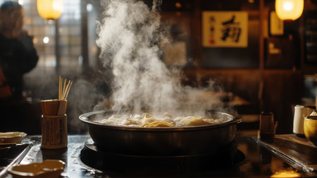 Experience the warmth of a cozy shabu shabu restaurant, where diners enjoy steaming pots of delicious broth, creating a vibrant and intimate atmosphere for sharing meals.の素材