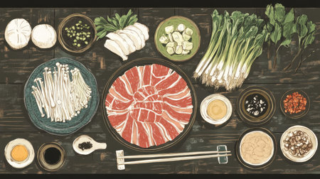 This cozy Japanese hotpot table setting features a variety of fresh ingredients, including meats, vegetables, and sauces, perfect for a delightful communal dining experience.の素材