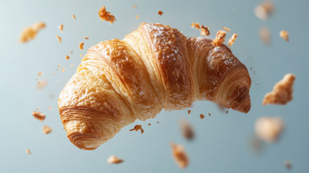 Experience the delight of a freshly baked crispy croissant in motion, showcasing its flaky layers and crumbling texture, perfect for culinary inspiration.の素材