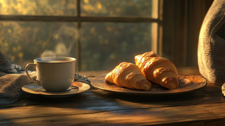 A serene morning scene featuring a freshly brewed cup of coffee and buttery croissants on a rustic wooden table. Ideal for evoking comfort and warmth.の素材