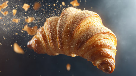 A stunning image of a croissant flying through the air, surrounded by golden dust particles. This photograph highlights the delicious texture and appealing aesthetic of this classic pastry, making it perfect for food lovers.の素材
