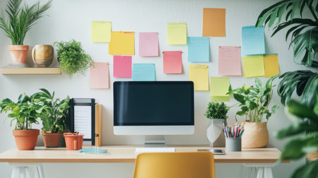 Brighten your workspace with this colorful display of sticky notes on a wall. Enhance creativity and organization in a stylish office or study environment.の素材