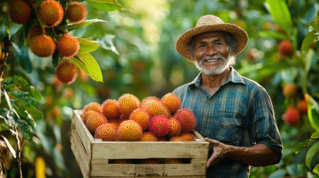 A joyful farmer stands in a lush garden, proudly holding a wooden crate filled with fresh and vibrant fruits. Celebrate the spirit of agriculture and nature's bounty.の素材