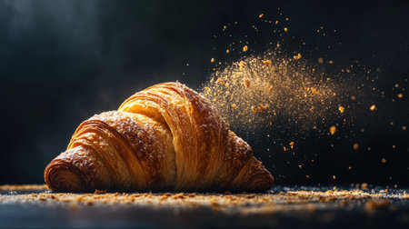A freshly baked croissant with crumbs falling gracefully, showcasing its flaky texture and golden color. Perfect for breakfast or a gourmet treat.の素材