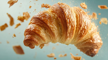 A freshly baked croissant elegantly floating through the air, showcasing its flaky texture and golden crust. Ideal for food-related projects and culinary advertising.の素材