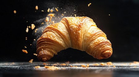 A beautifully captured image of a freshly baked golden croissant in mid-air, showcasing its flaky texture and irresistible appeal, perfect for food enthusiasts.の素材