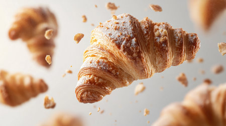 Experience the allure of a freshly baked croissant captured in mid-air, showcasing its golden, flaky layers, perfect for dessert or breakfast.の素材