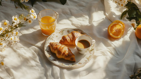 Enjoy a serene morning breakfast setting featuring a cup of coffee, fresh croissants, and vibrant orange juice, surrounded by delicate flowers.の素材